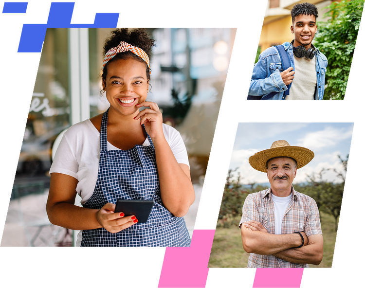 Três fotos de pessoas diferentes. À esquerda, uma mulher com avental, sorrindo e segurando um tablet. Acima à direita, um jovem de camisa e fones no pescoço. Abaixo, um homem de camisa xadrez e chapéu de palha, braços cruzados.